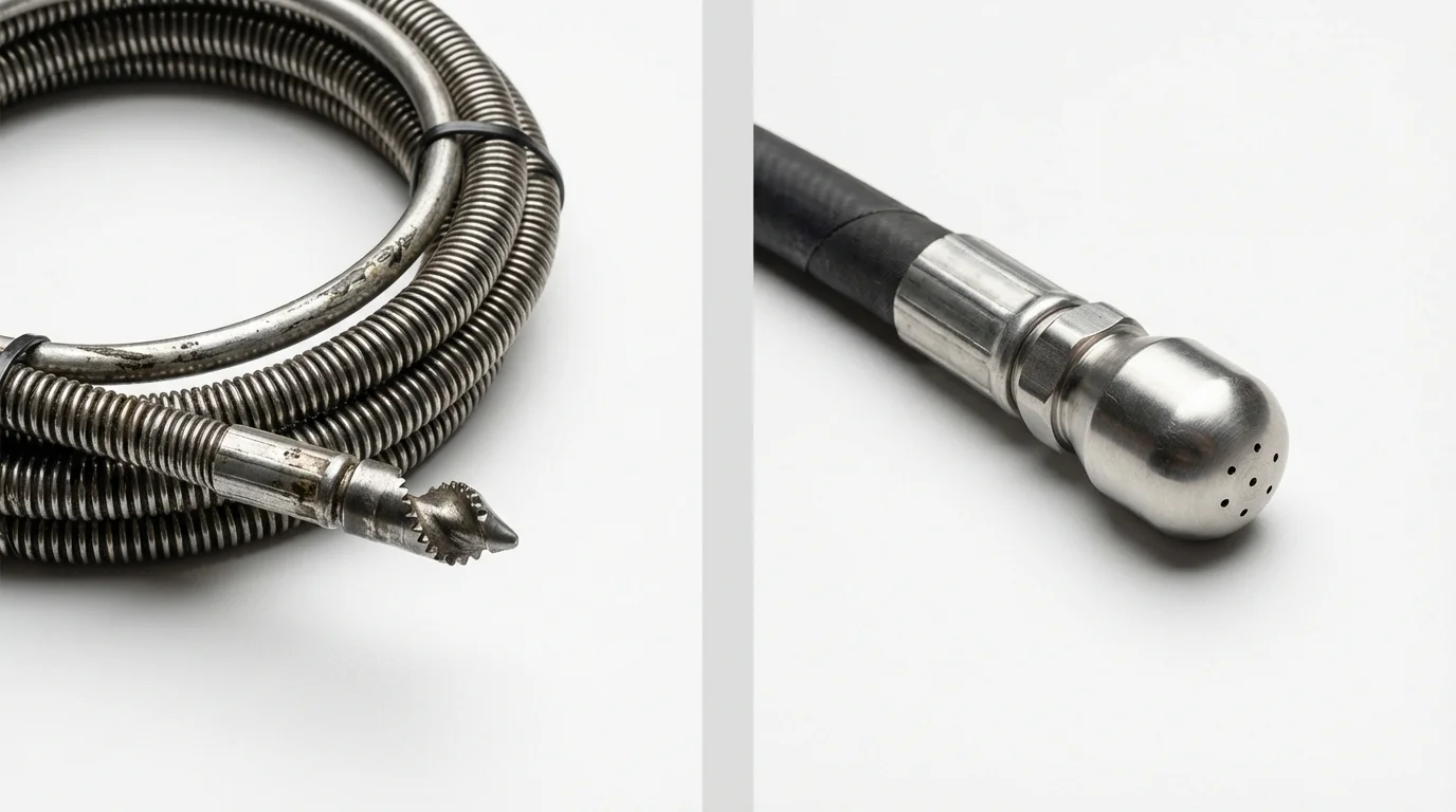 Drain snake cable and hydro jetting nozzle used for drain cleaning in Caldwell, KS