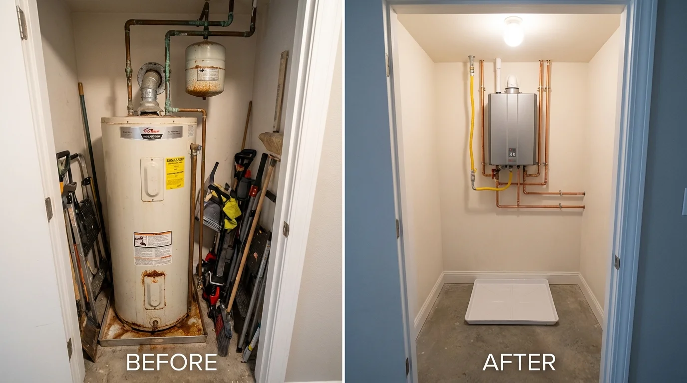 Tank water heater versus wall-mounted tankless unit comparison for Caldwell, KS homeowners