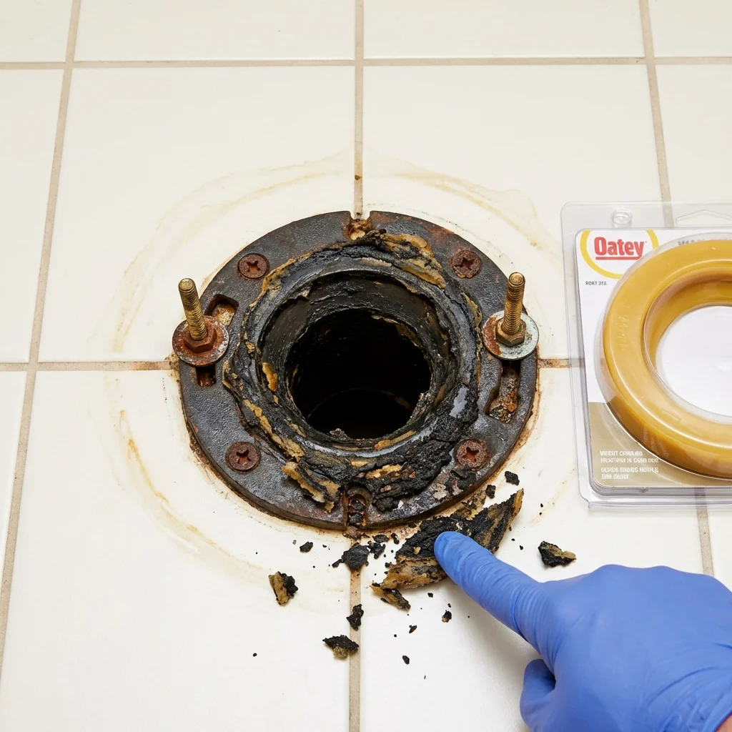 Failed wax ring showing water seepage at the base of a toilet in a Caldwell, KS home