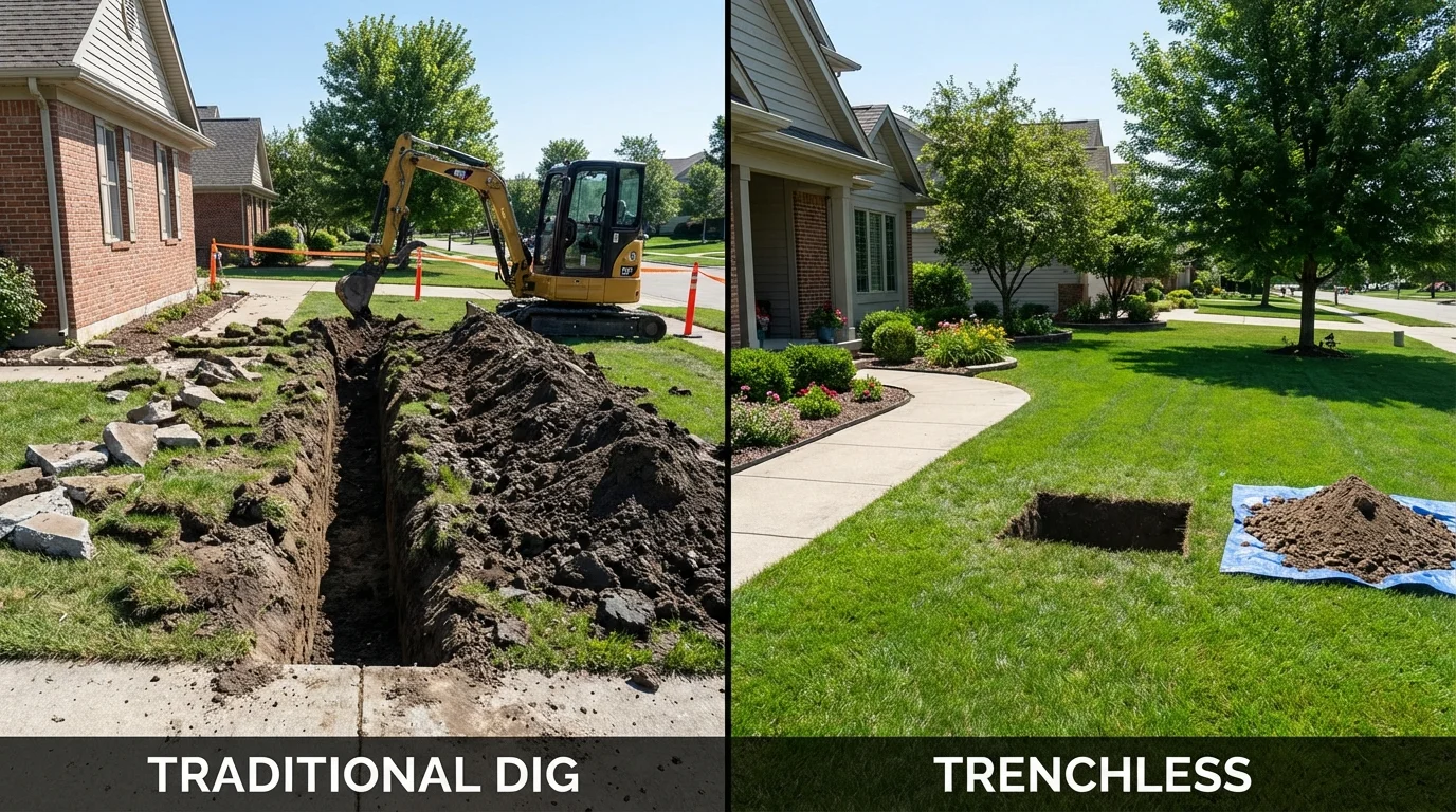 Trenchless sewer repair with minimal yard damage versus traditional excavation in Caldwell, KS