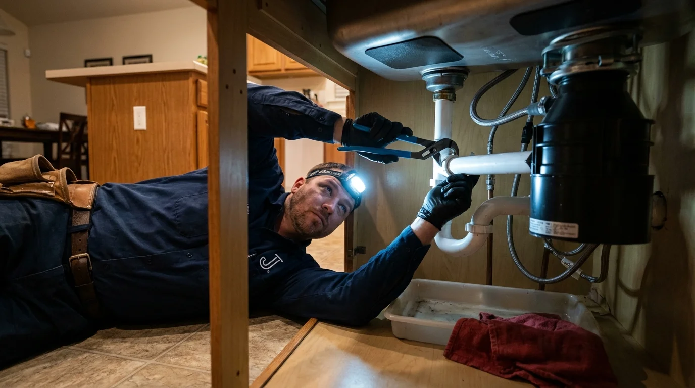 P-trap and supply line connections under a kitchen sink showing a common leak point in Caldwell, KS